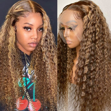 GS Virgin Hair 13x4 180 Density  Honey Blonde Money Piece Highlight Lace Front Curly Human Hair Wigs Cabello  Series
